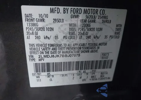 2011 Lincoln Mkx z USA, uszkodzony, nr VIN 2LMDJ8JK7BBJ07075